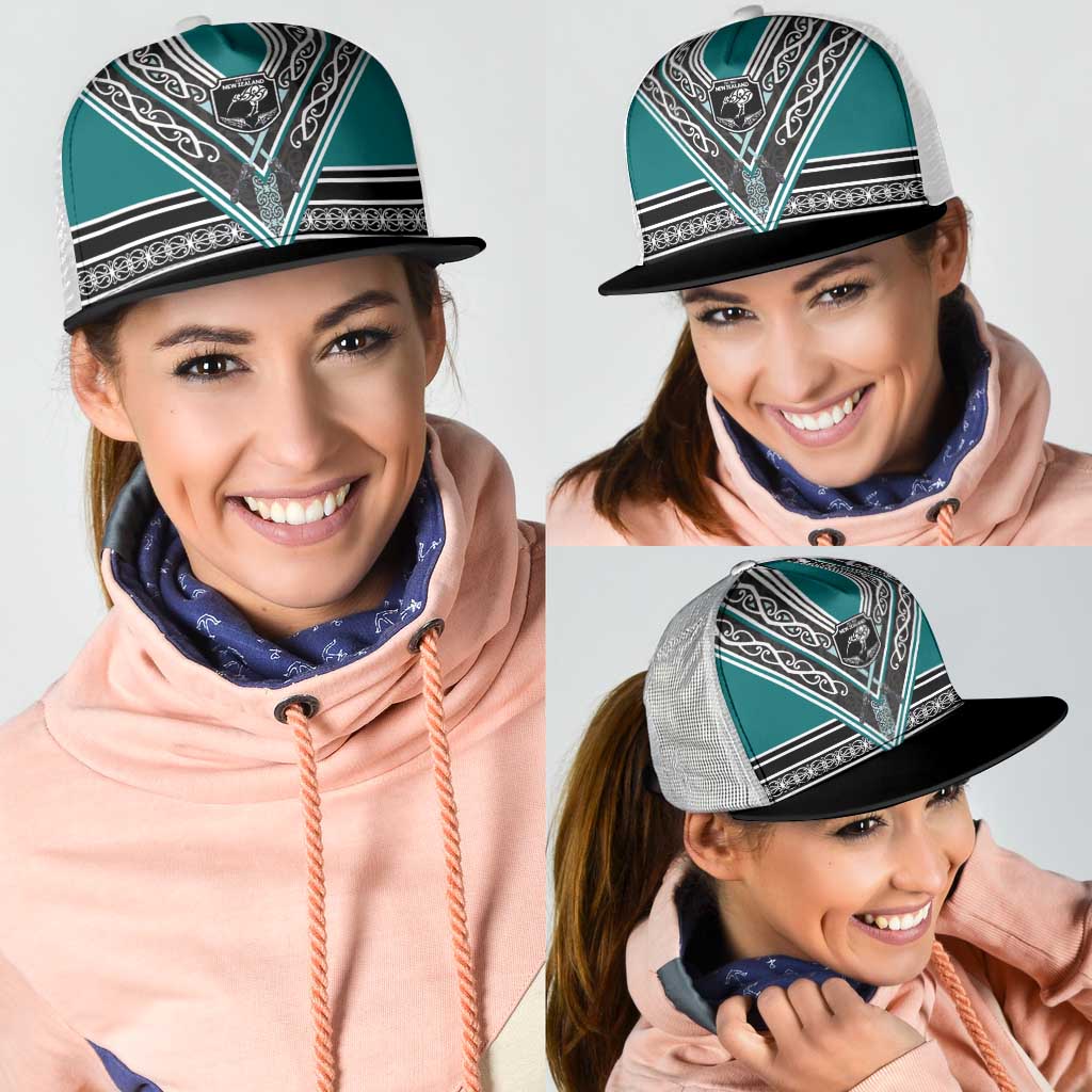 New Zealand Maori Rugby Mesh Trucker Cap Aotearoa Koru Geometric - Oceanic Color