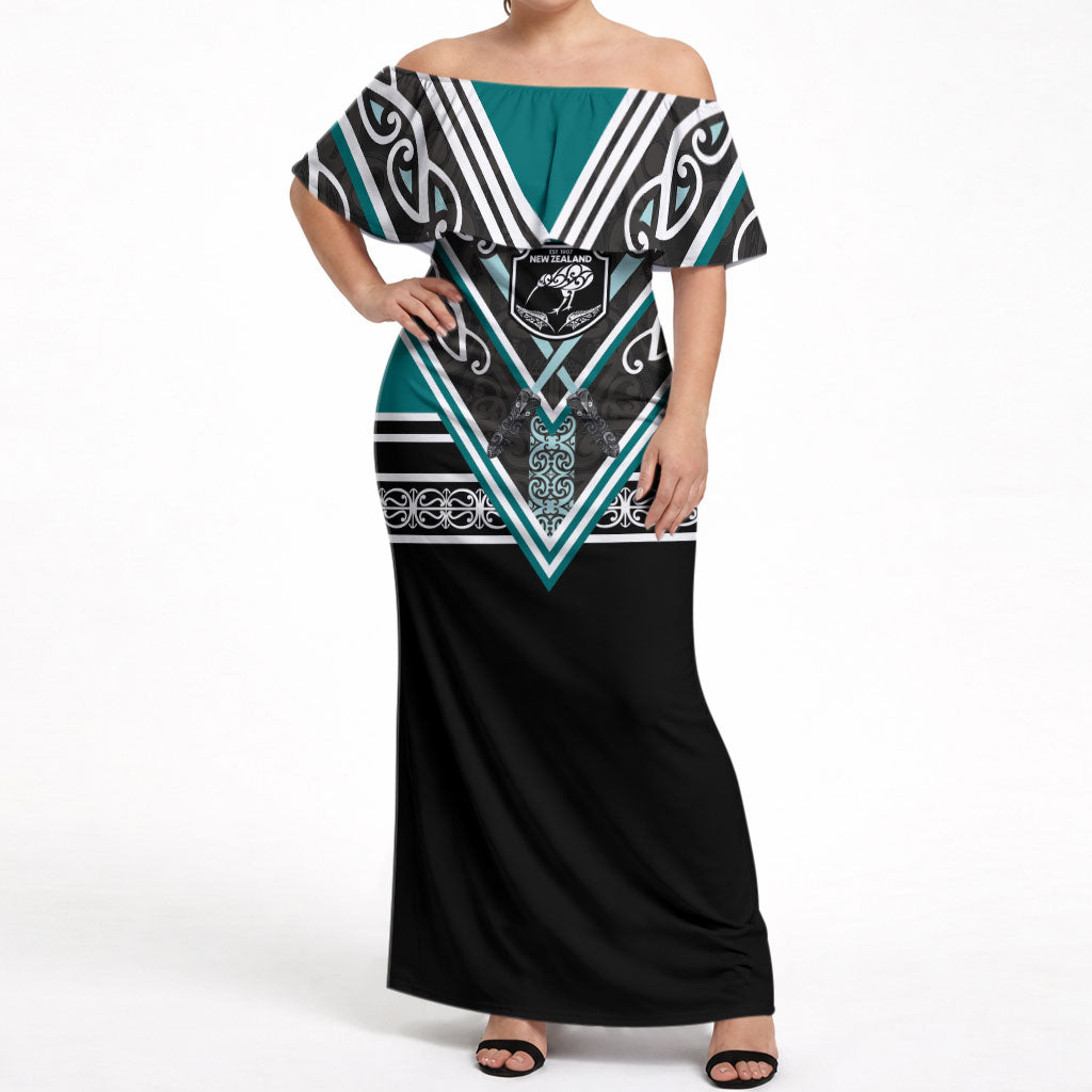 New Zealand Maori Rugby Custom Off Shoulder Maxi Dress Aotearoa Koru Geometric - Oceanic Color