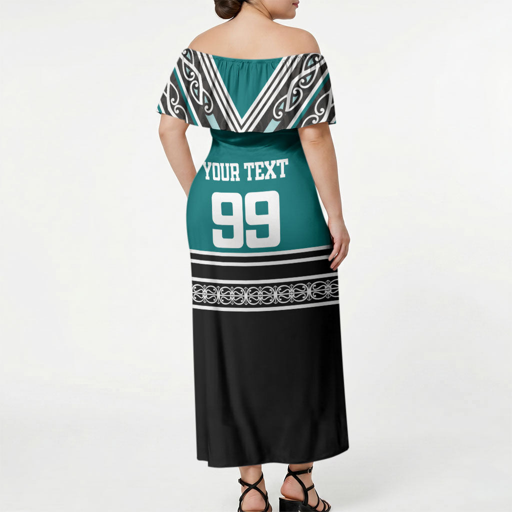 New Zealand Maori Rugby Custom Off Shoulder Maxi Dress Aotearoa Koru Geometric - Oceanic Color