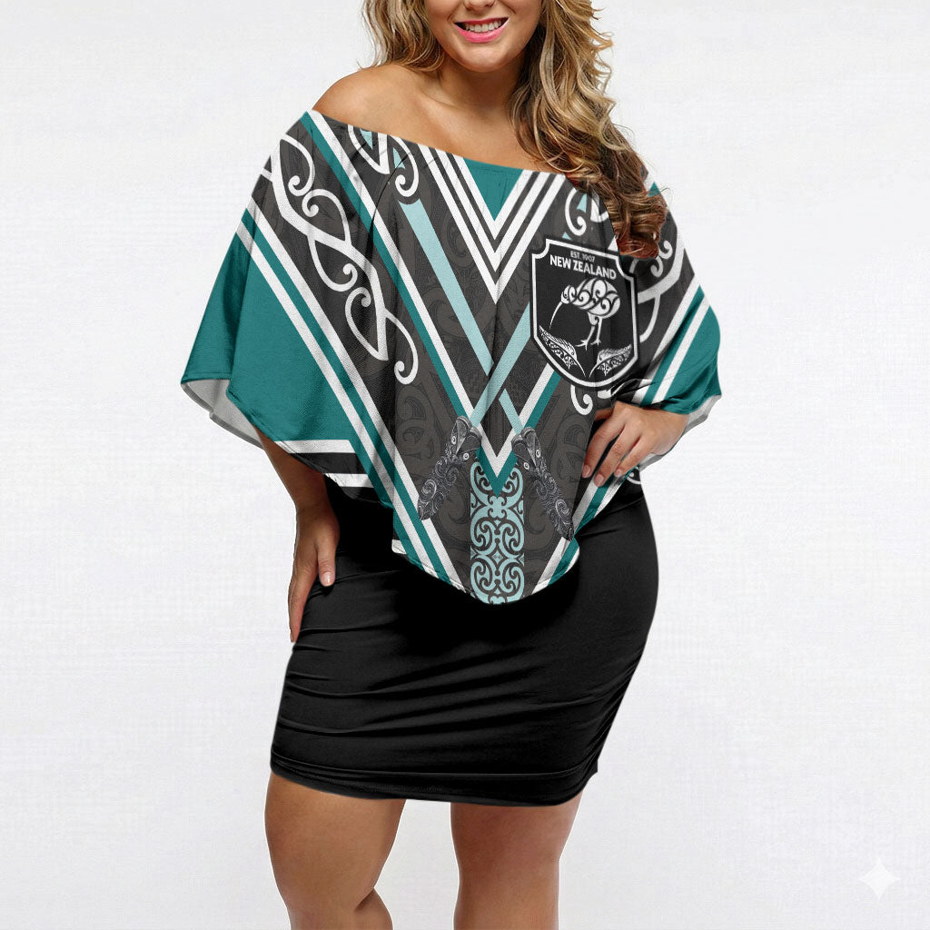 New Zealand Maori Rugby Custom Off Shoulder Short Dress Aotearoa Koru Geometric - Oceanic Color