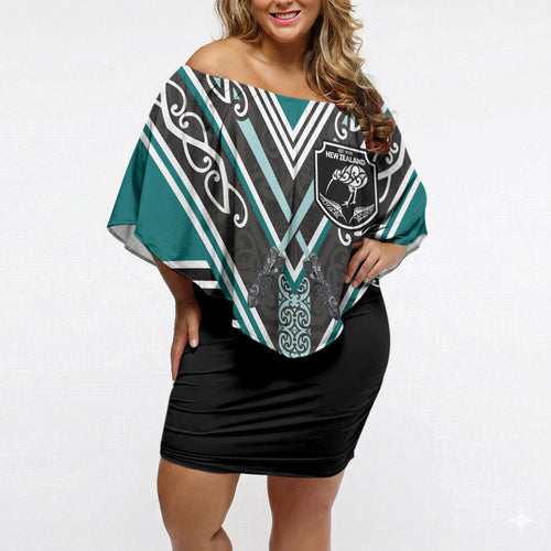 New Zealand Maori Rugby Custom Off Shoulder Short Dress Aotearoa Koru Geometric - Oceanic Color
