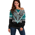 New Zealand Maori Rugby Custom Off Shoulder Sweater Aotearoa Koru Geometric - Oceanic Color