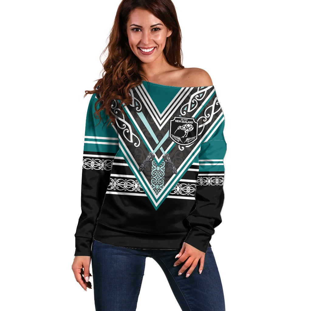 New Zealand Maori Rugby Custom Off Shoulder Sweater Aotearoa Koru Geometric - Oceanic Color