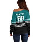 New Zealand Maori Rugby Custom Off Shoulder Sweater Aotearoa Koru Geometric - Oceanic Color