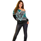 New Zealand Maori Rugby Custom Off Shoulder Sweater Aotearoa Koru Geometric - Oceanic Color