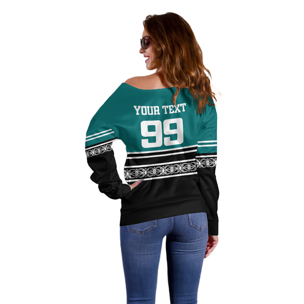 New Zealand Maori Rugby Custom Off Shoulder Sweater Aotearoa Koru Geometric - Oceanic Color