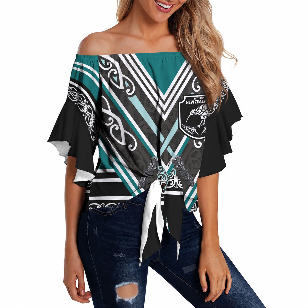 New Zealand Maori Rugby Custom Off Shoulder Wrap Waist Top Aotearoa Koru Geometric - Oceanic Color