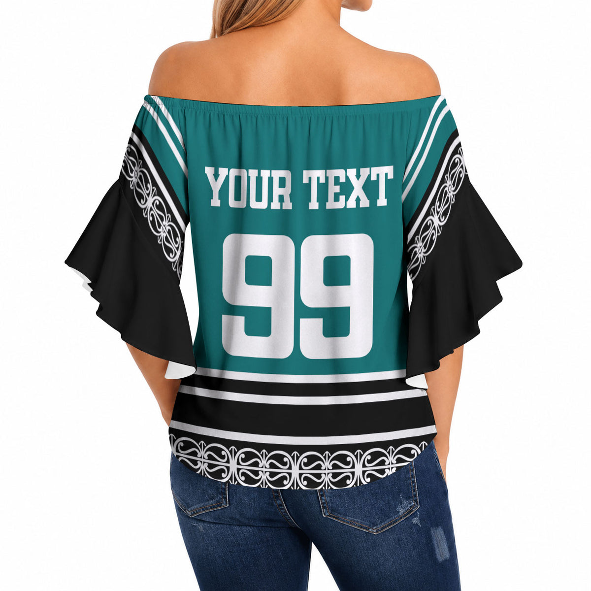 New Zealand Maori Rugby Custom Off Shoulder Wrap Waist Top Aotearoa Koru Geometric - Oceanic Color