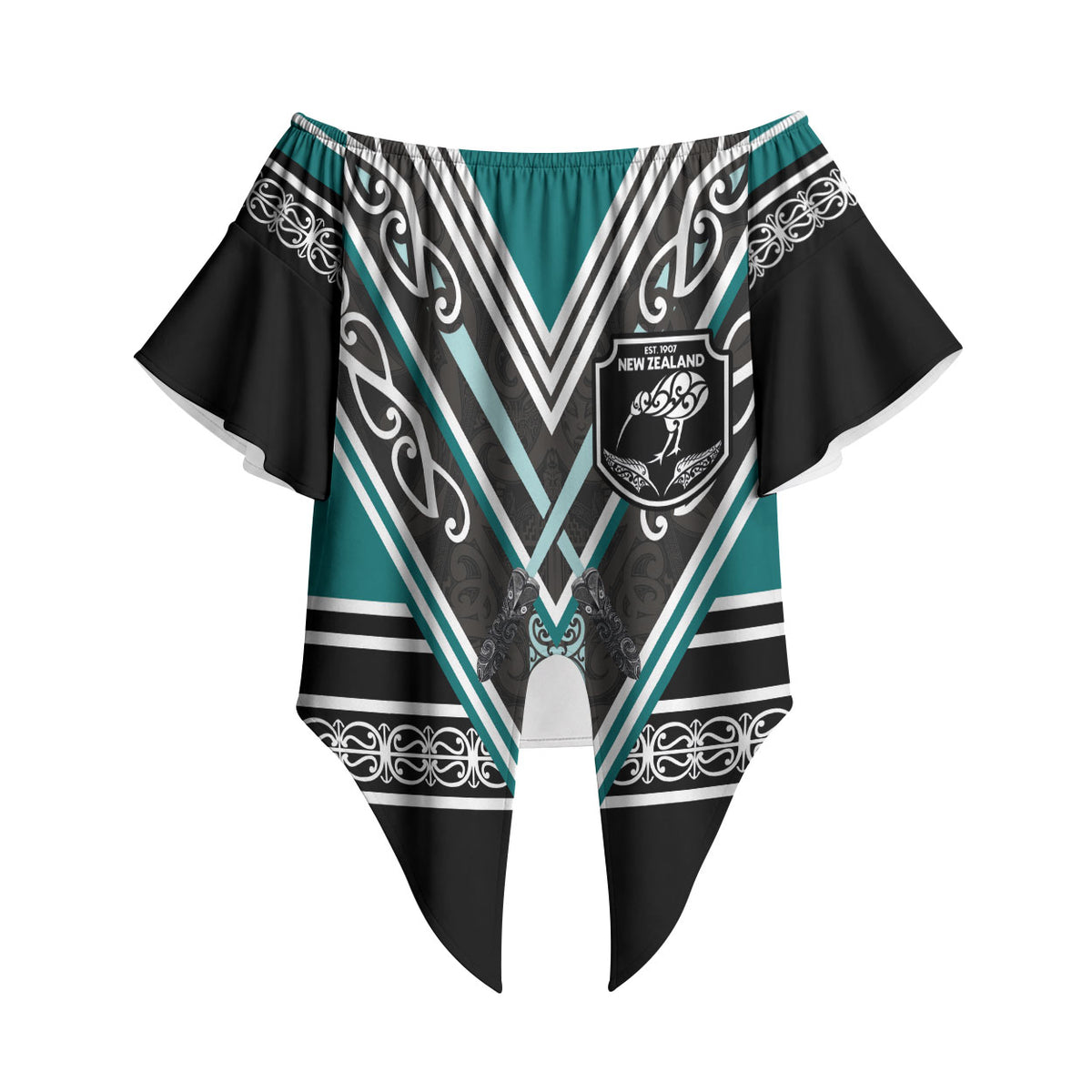 New Zealand Maori Rugby Custom Off Shoulder Wrap Waist Top Aotearoa Koru Geometric - Oceanic Color