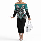 New Zealand Maori Rugby Custom Off The Shoulder Long Sleeve Dress Aotearoa Koru Geometric - Oceanic Color
