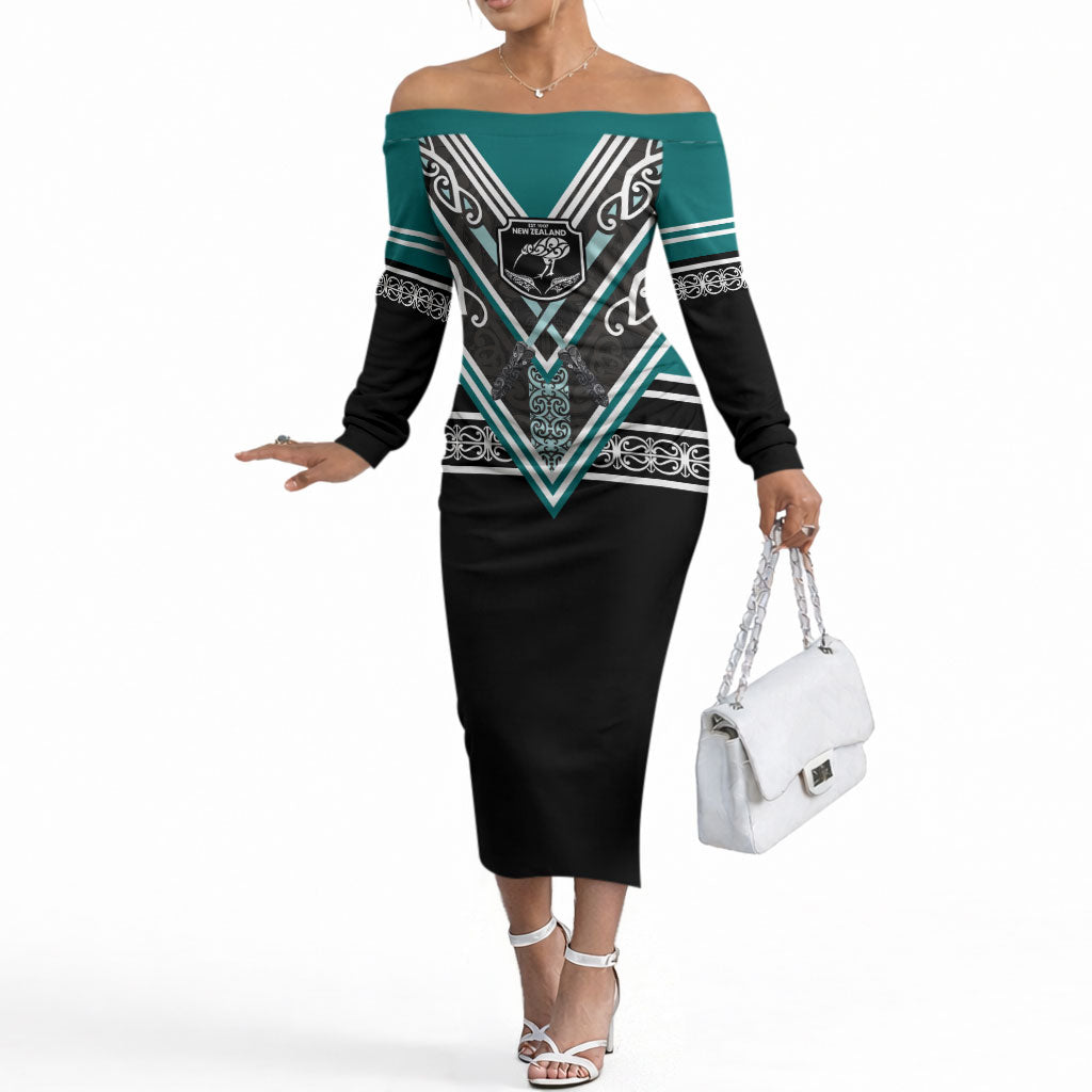 New Zealand Maori Rugby Custom Off The Shoulder Long Sleeve Dress Aotearoa Koru Geometric - Oceanic Color