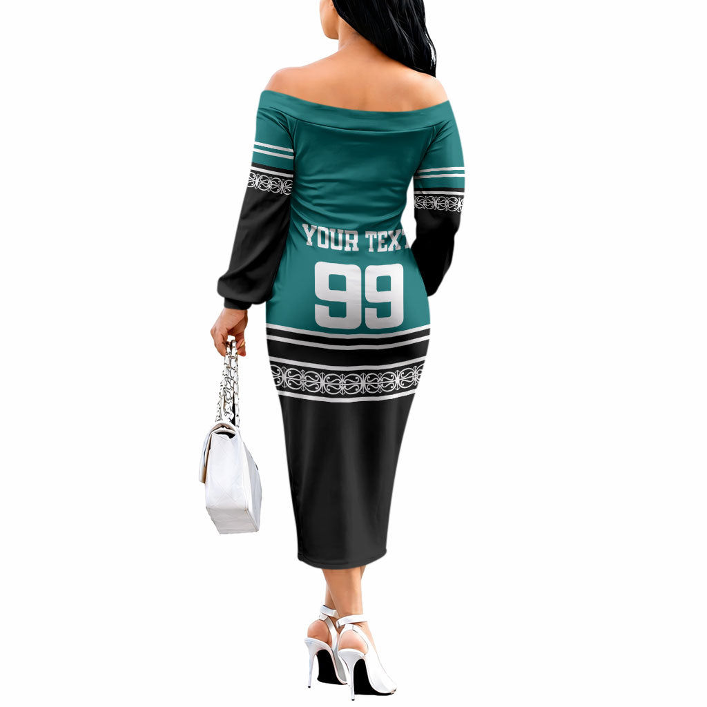 New Zealand Maori Rugby Custom Off The Shoulder Long Sleeve Dress Aotearoa Koru Geometric - Oceanic Color