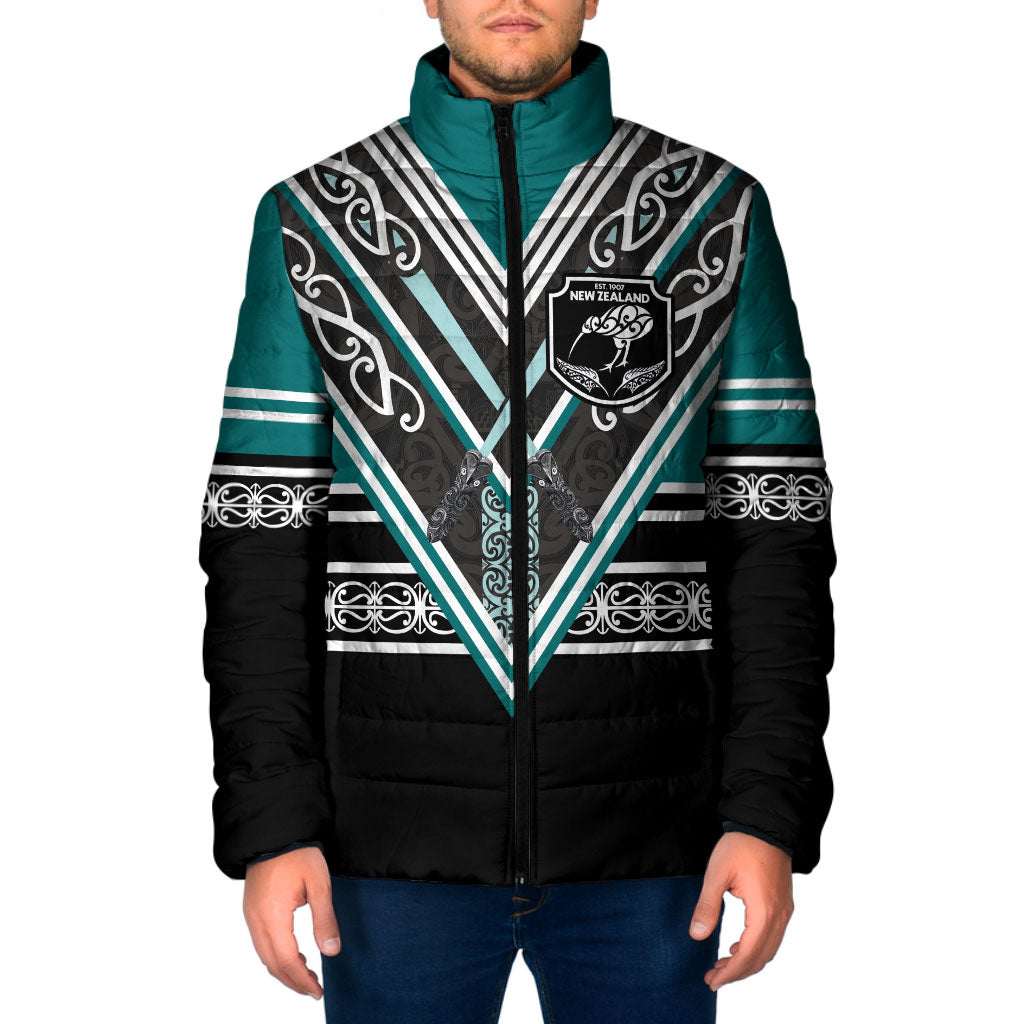 New Zealand Maori Rugby Custom Padded Jacket Aotearoa Koru Geometric - Oceanic Color
