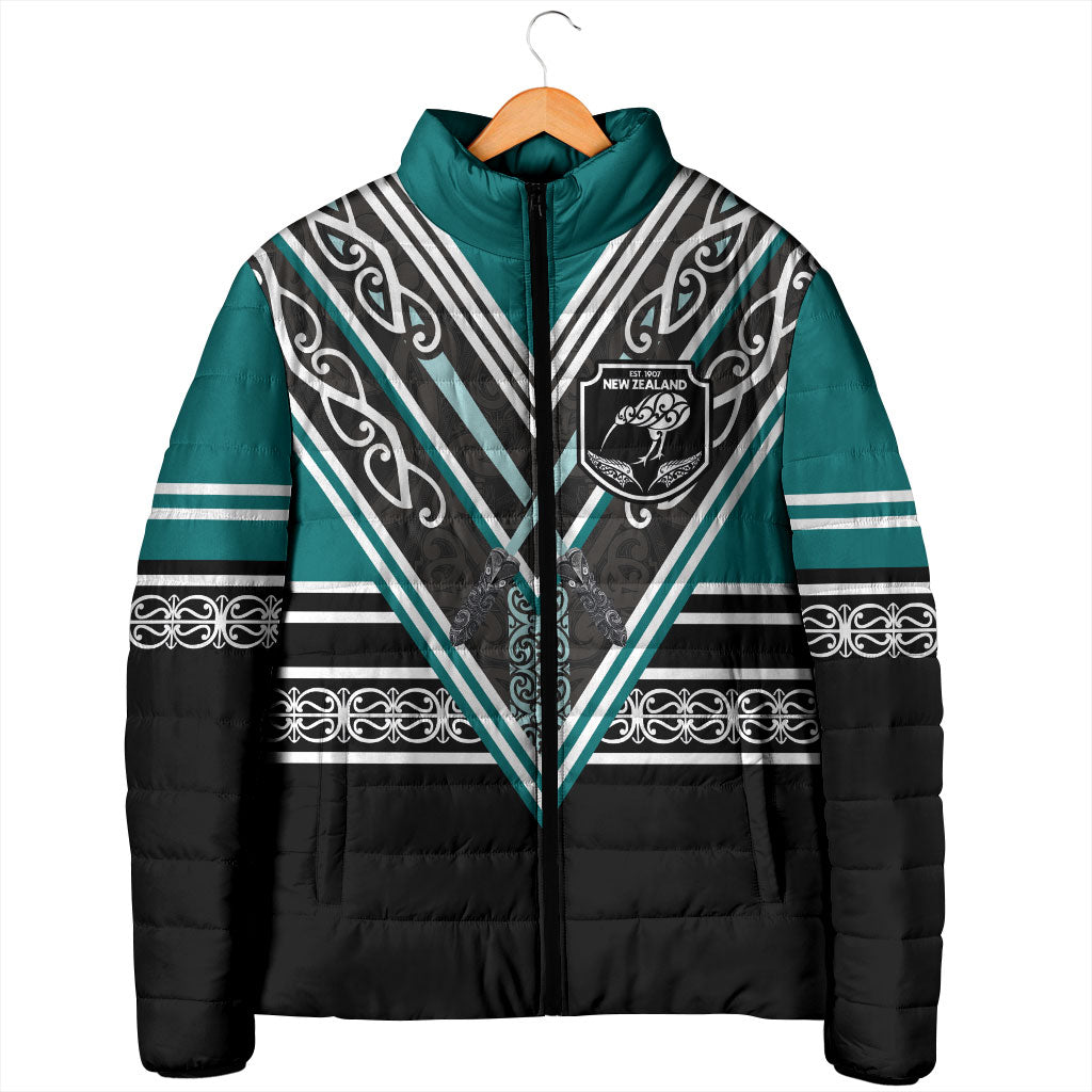 New Zealand Maori Rugby Custom Padded Jacket Aotearoa Koru Geometric - Oceanic Color