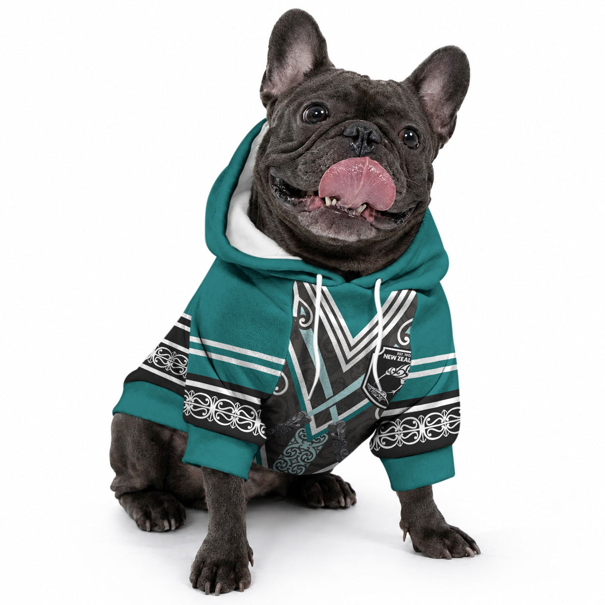 New Zealand Maori Rugby Custom Pet Hoodie Aotearoa Koru Geometric - Oceanic Color
