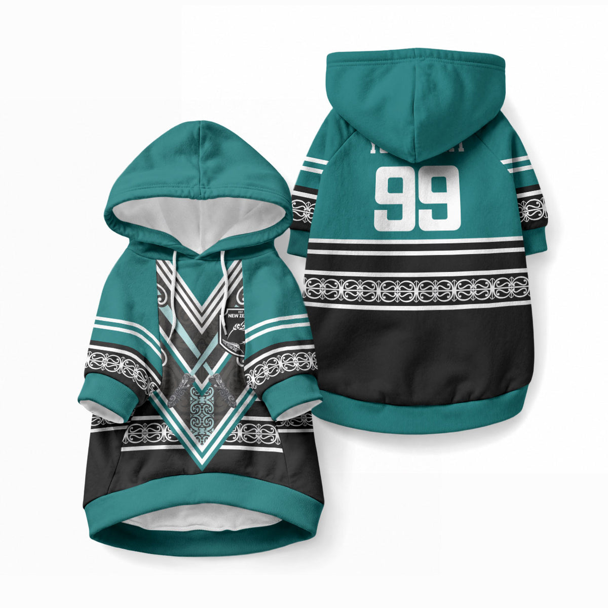 New Zealand Maori Rugby Custom Pet Hoodie Aotearoa Koru Geometric - Oceanic Color