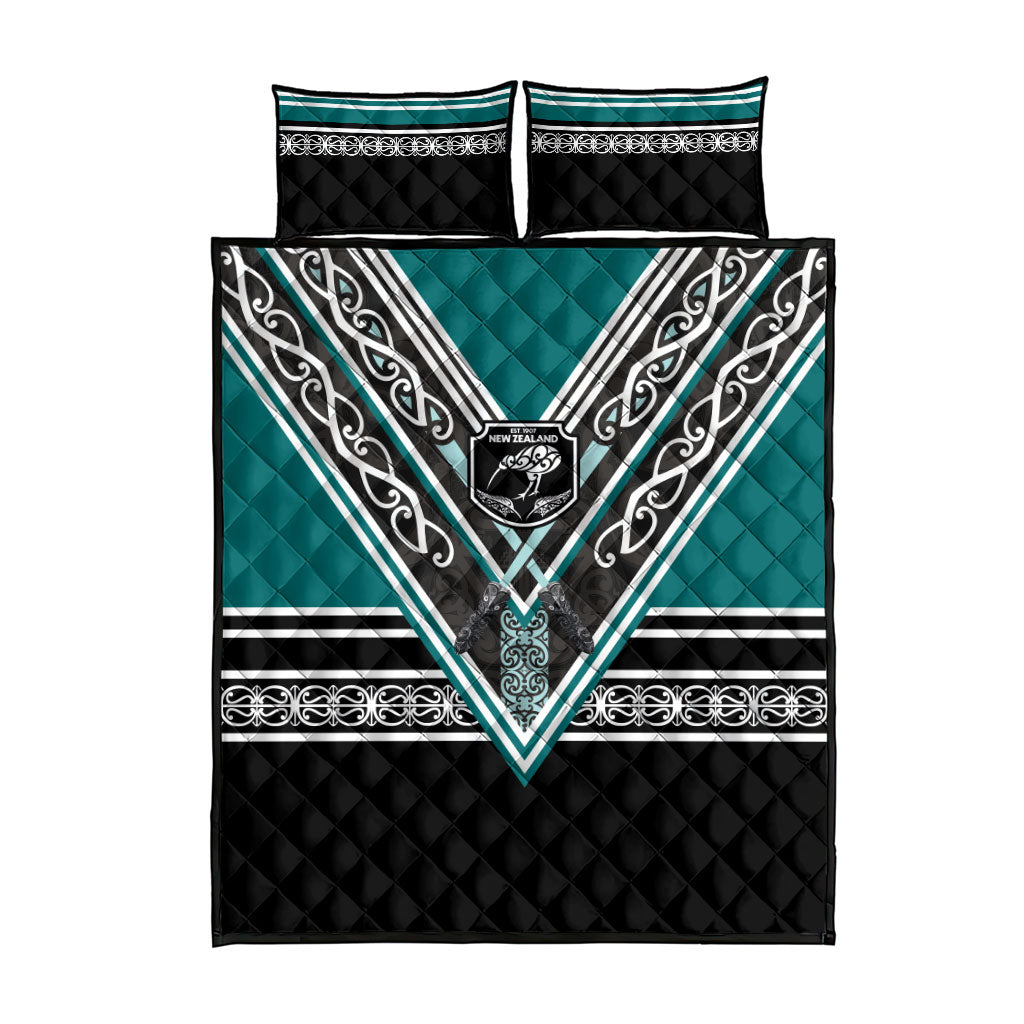New Zealand Maori Rugby Quilt Bed Set Aotearoa Koru Geometric - Oceanic Color