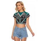 New Zealand Maori Rugby Custom Raglan Cropped T Shirt Aotearoa Koru Geometric - Oceanic Color