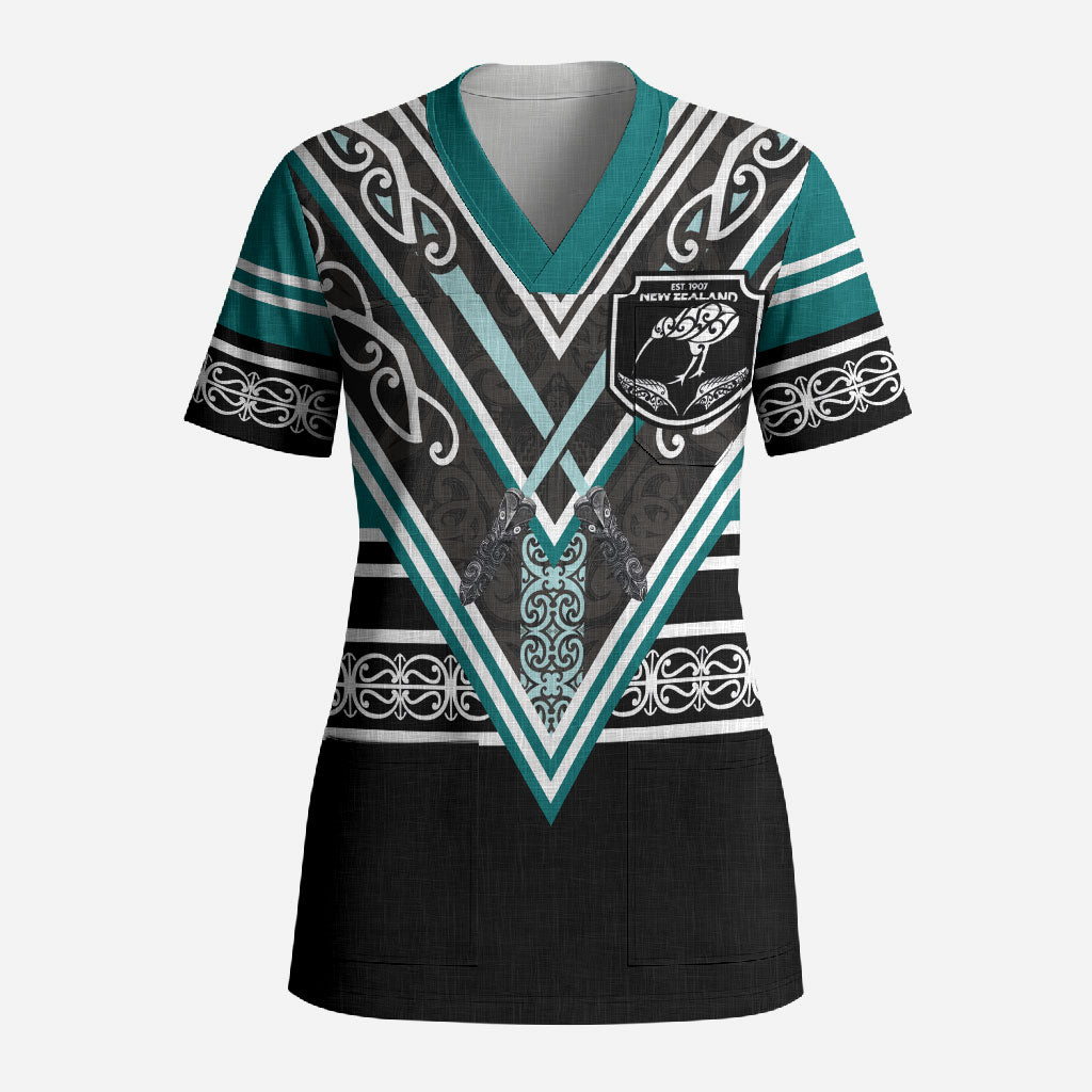New Zealand Maori Rugby Custom Scrub Top Aotearoa Koru Geometric - Oceanic Color