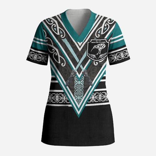 New Zealand Maori Rugby Custom Scrub Top Aotearoa Koru Geometric - Oceanic Color