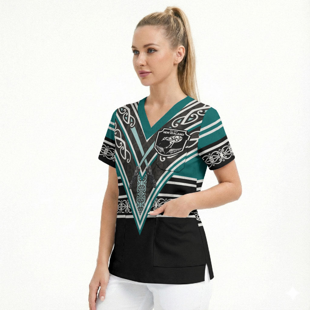 New Zealand Maori Rugby Custom Scrub Top Aotearoa Koru Geometric - Oceanic Color