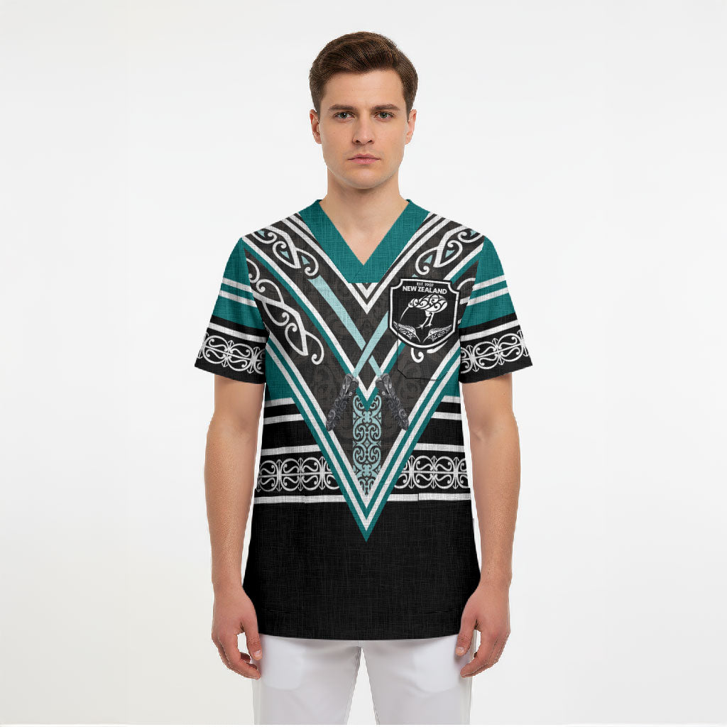 New Zealand Maori Rugby Custom Scrub Top Aotearoa Koru Geometric - Oceanic Color