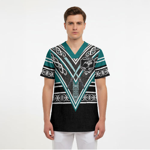 New Zealand Maori Rugby Custom Scrub Top Aotearoa Koru Geometric - Oceanic Color