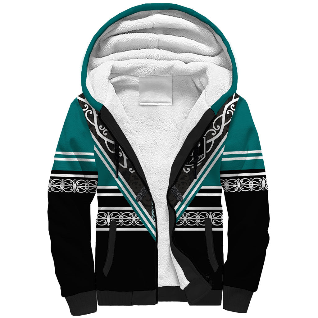 New Zealand Maori Rugby Custom Sherpa Hoodie Aotearoa Koru Geometric - Oceanic Color