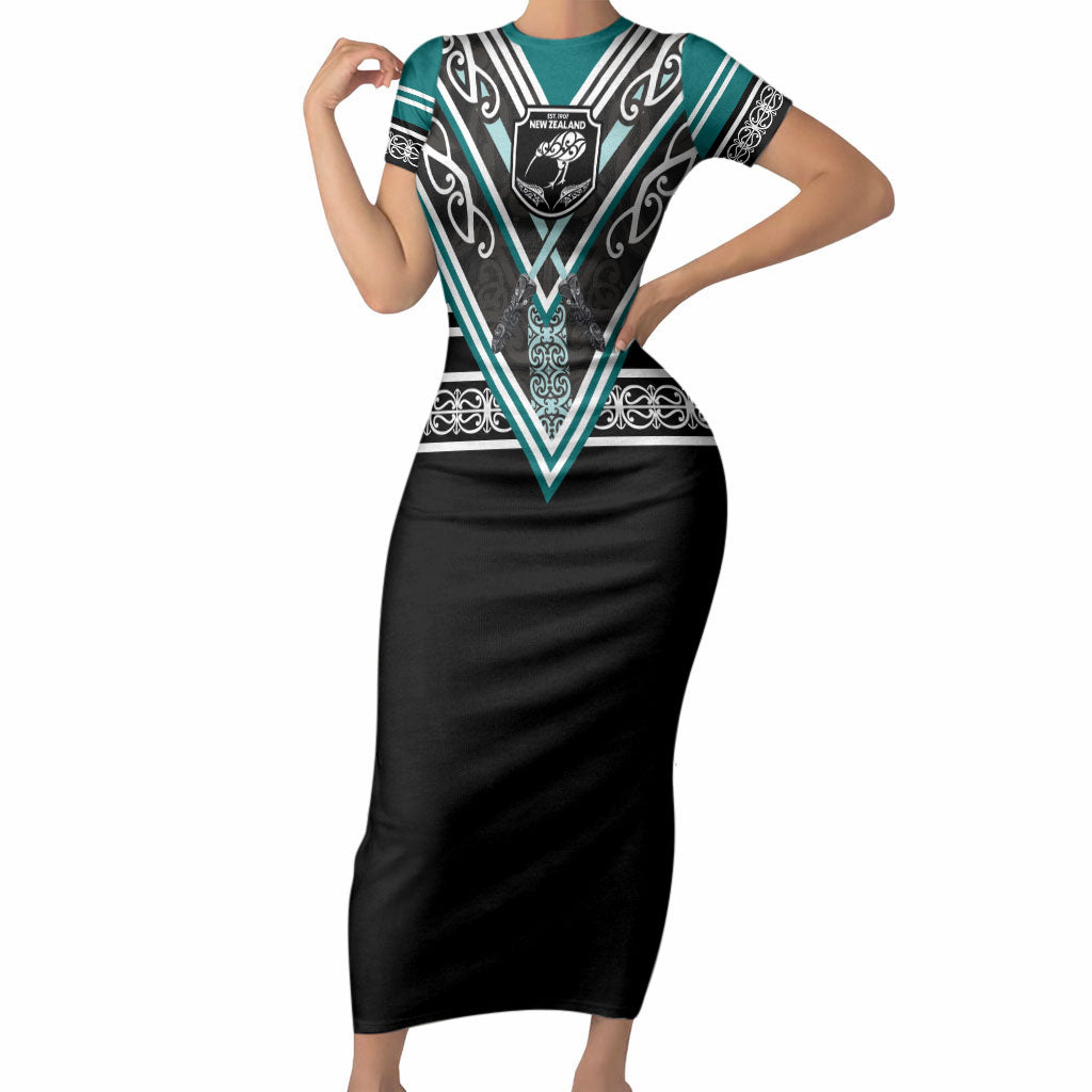 New Zealand Maori Rugby Custom Short Sleeve Bodycon Dress Aotearoa Koru Geometric - Oceanic Color