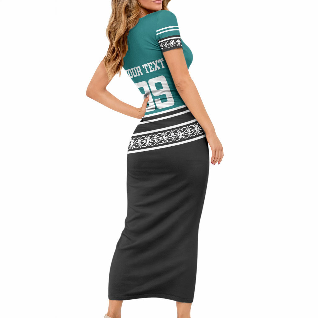 New Zealand Maori Rugby Custom Short Sleeve Bodycon Dress Aotearoa Koru Geometric - Oceanic Color