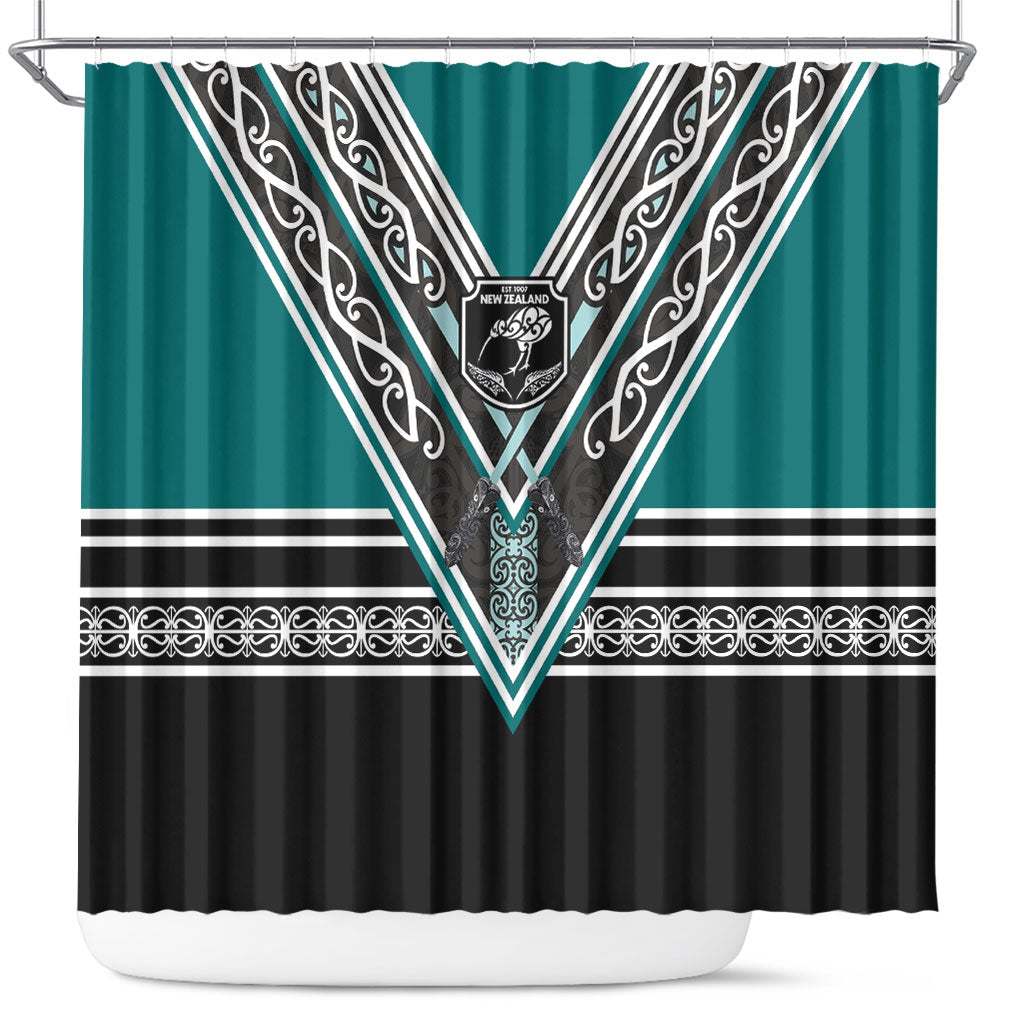 New Zealand Maori Rugby Shower Curtain Aotearoa Koru Geometric - Oceanic Color
