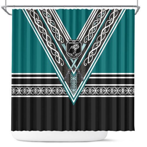 New Zealand Maori Rugby Shower Curtain Aotearoa Koru Geometric - Oceanic Color