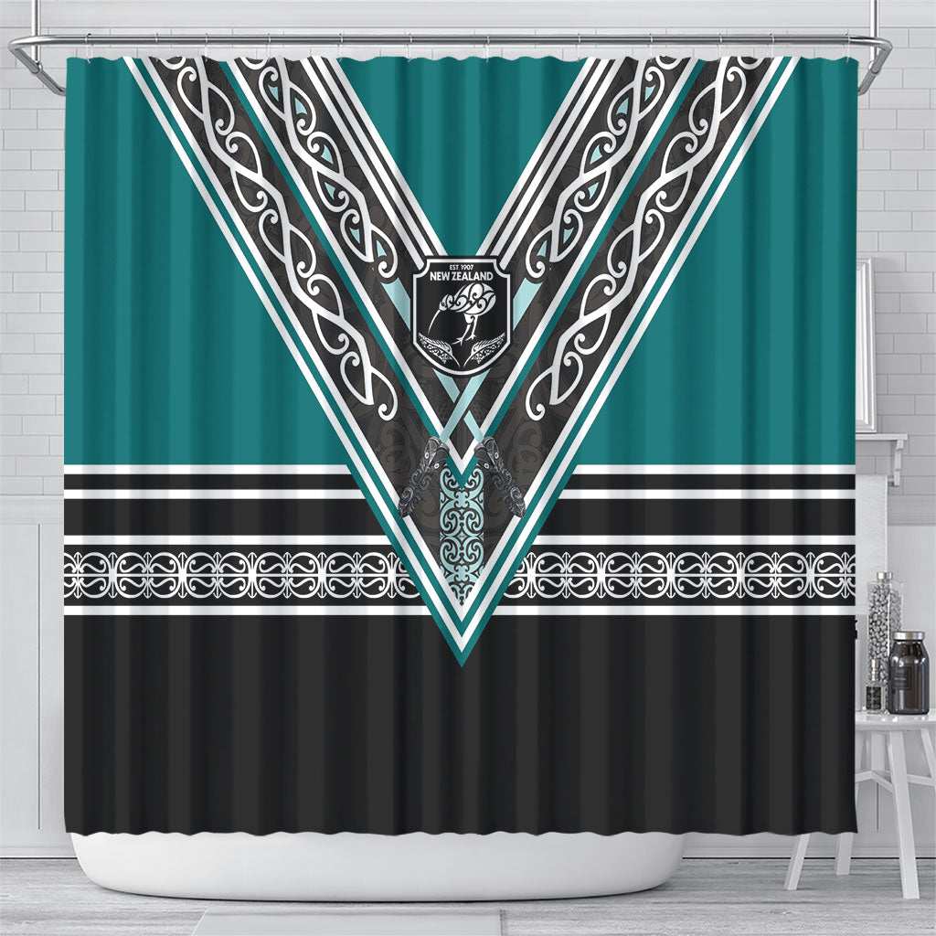 New Zealand Maori Rugby Shower Curtain Aotearoa Koru Geometric - Oceanic Color