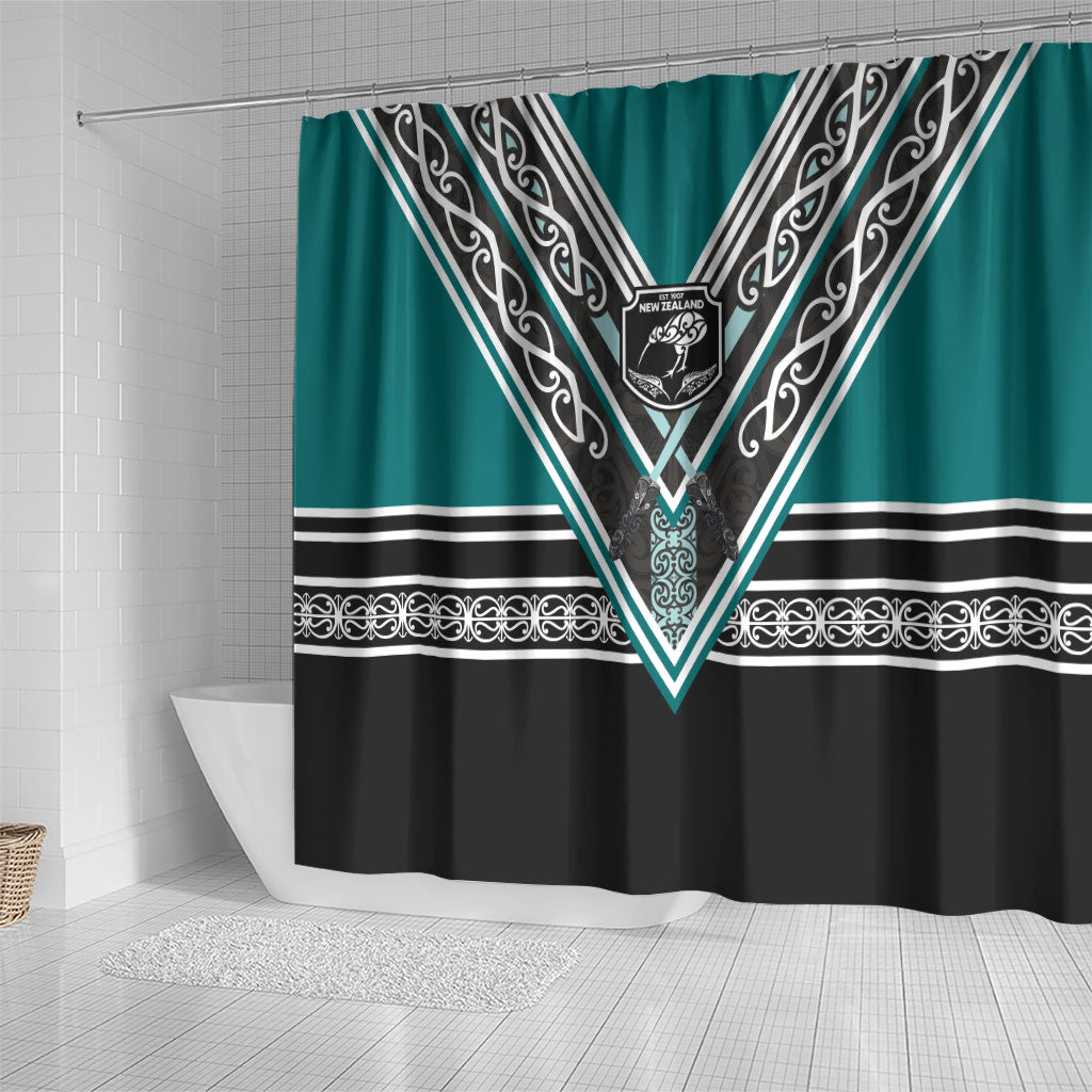 New Zealand Maori Rugby Shower Curtain Aotearoa Koru Geometric - Oceanic Color