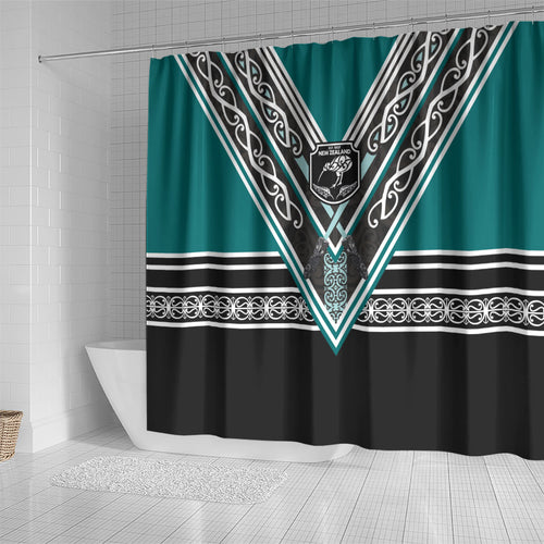 New Zealand Maori Rugby Shower Curtain Aotearoa Koru Geometric - Oceanic Color