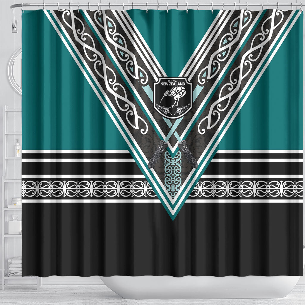 New Zealand Maori Rugby Shower Curtain Aotearoa Koru Geometric - Oceanic Color