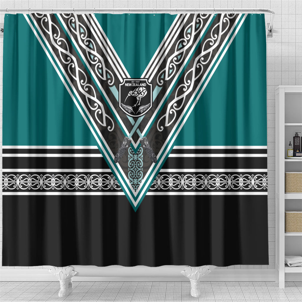 New Zealand Maori Rugby Shower Curtain Aotearoa Koru Geometric - Oceanic Color