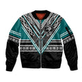 New Zealand Maori Rugby Custom Sleeve Zip Bomber Jacket Aotearoa Koru Geometric - Oceanic Color