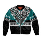 New Zealand Maori Rugby Custom Sleeve Zip Bomber Jacket Aotearoa Koru Geometric - Oceanic Color