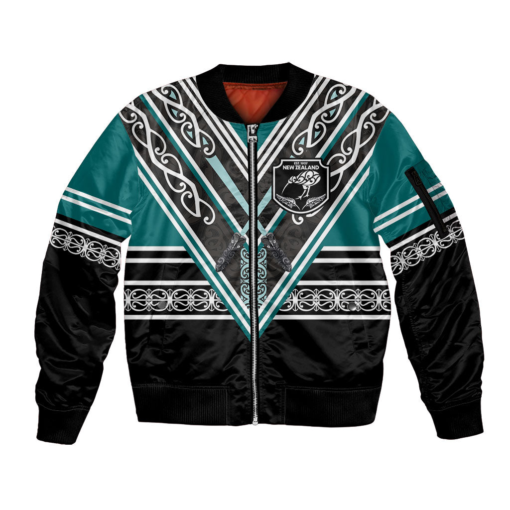 New Zealand Maori Rugby Custom Sleeve Zip Bomber Jacket Aotearoa Koru Geometric - Oceanic Color