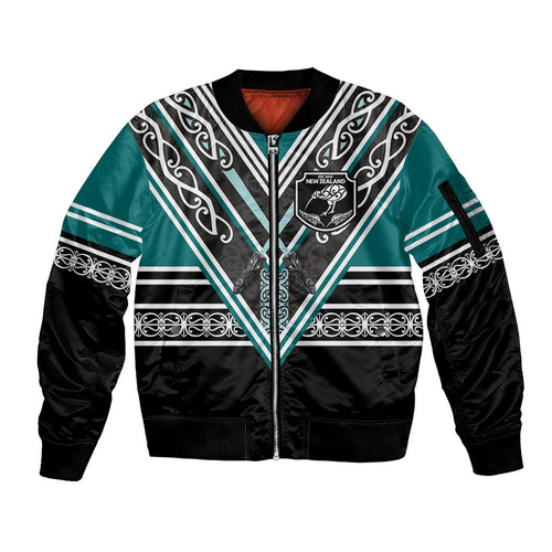 New Zealand Maori Rugby Custom Sleeve Zip Bomber Jacket Aotearoa Koru Geometric - Oceanic Color
