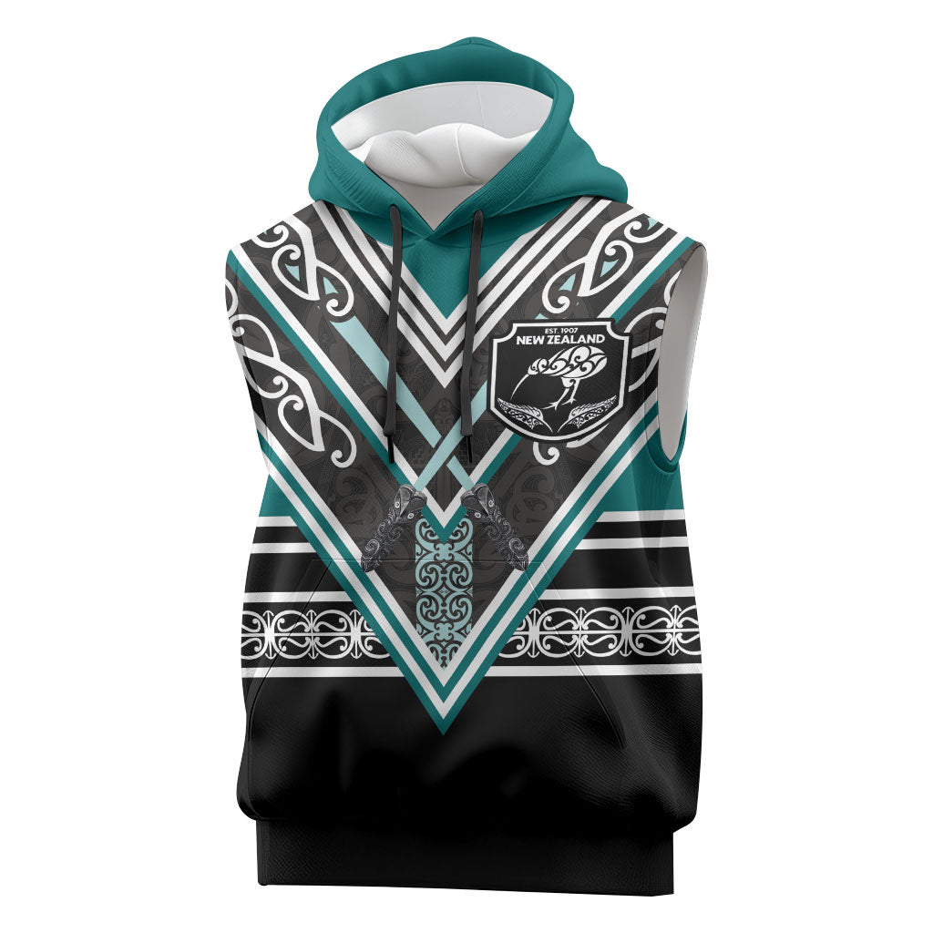 New Zealand Maori Rugby Custom Sleeveless Hoodie Aotearoa Koru Geometric - Oceanic Color