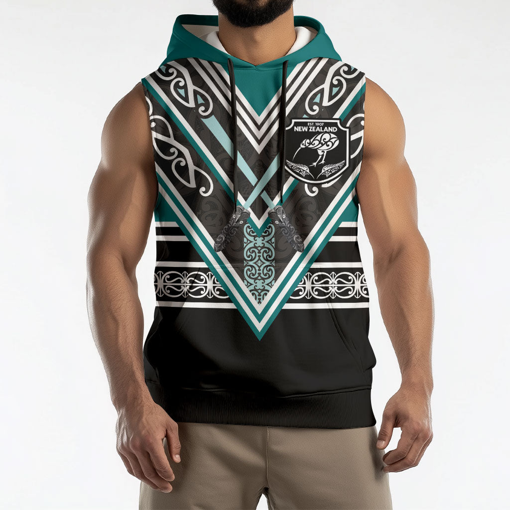 New Zealand Maori Rugby Custom Sleeveless Hoodie Aotearoa Koru Geometric - Oceanic Color