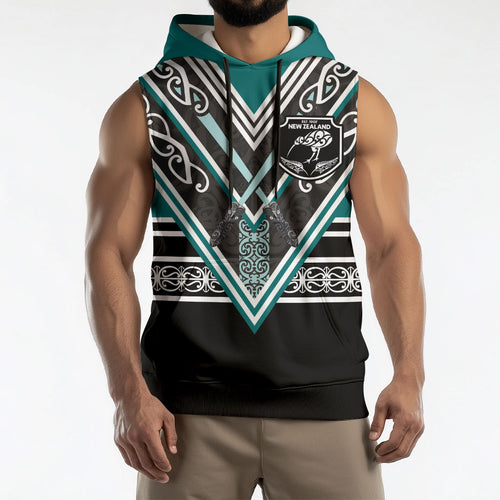 New Zealand Maori Rugby Custom Sleeveless Hoodie Aotearoa Koru Geometric - Oceanic Color