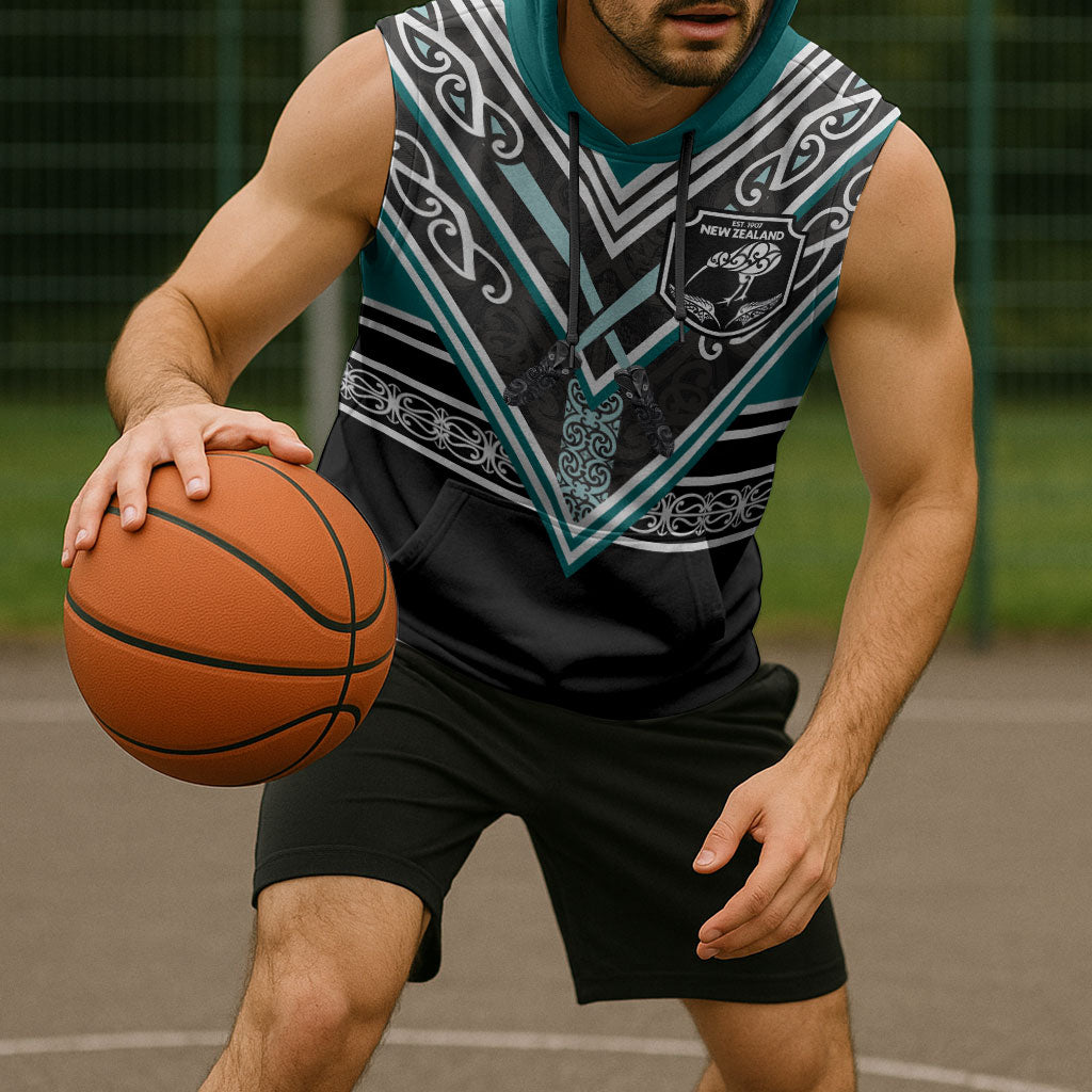 New Zealand Maori Rugby Custom Sleeveless Hoodie Aotearoa Koru Geometric - Oceanic Color