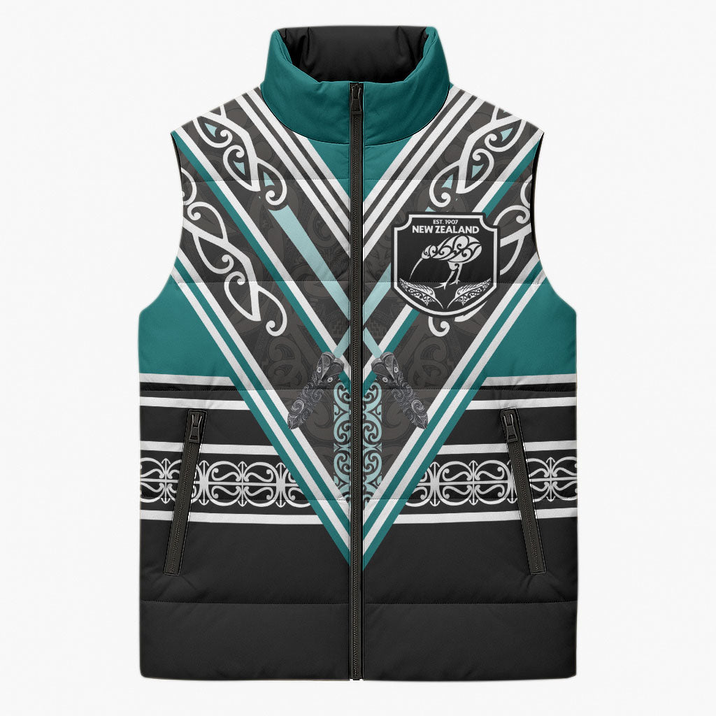 New Zealand Maori Rugby Custom Sleeveless Puffer Jacket Aotearoa Koru Geometric - Oceanic Color