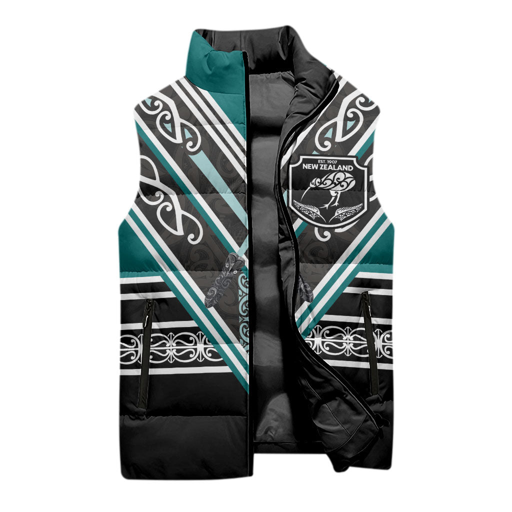 New Zealand Maori Rugby Custom Sleeveless Puffer Jacket Aotearoa Koru Geometric - Oceanic Color