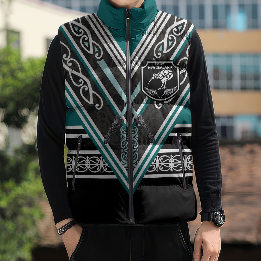New Zealand Maori Rugby Custom Sleeveless Puffer Jacket Aotearoa Koru Geometric - Oceanic Color
