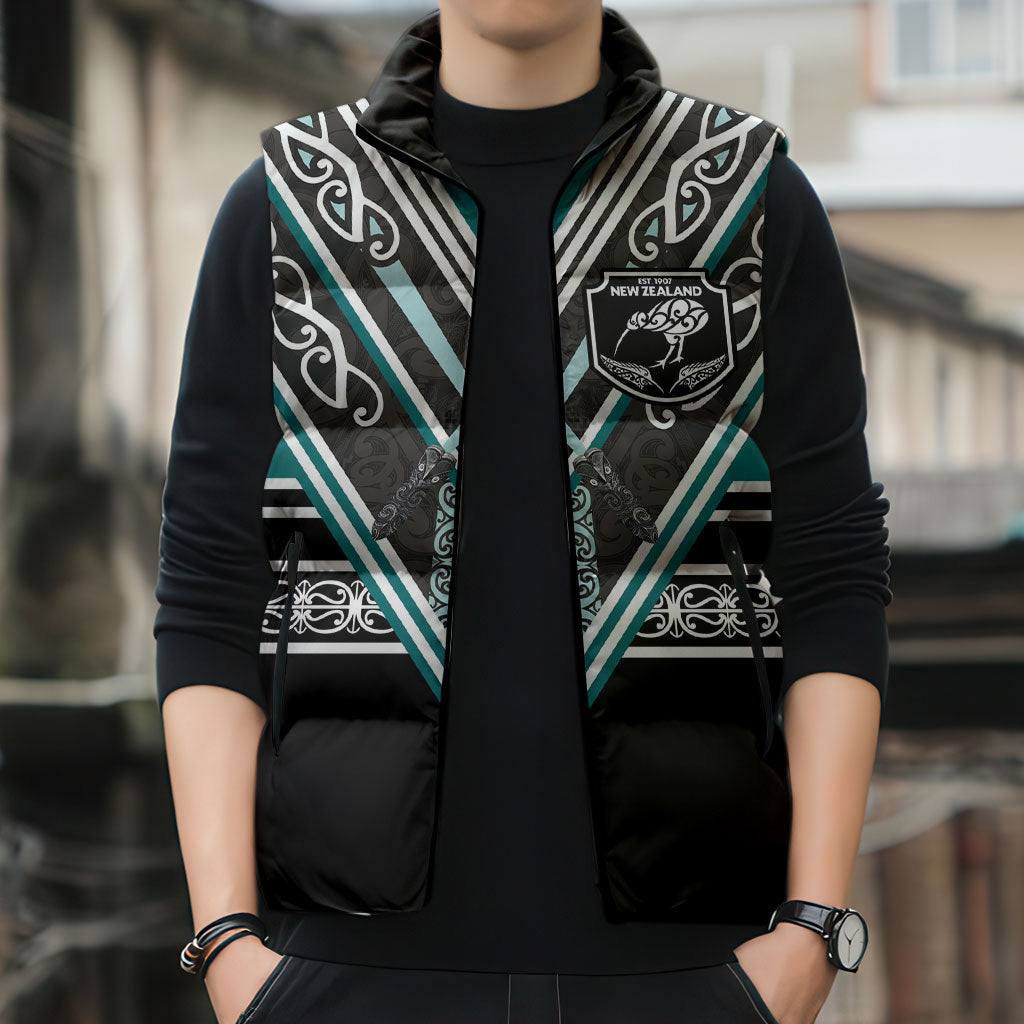 New Zealand Maori Rugby Custom Sleeveless Puffer Jacket Aotearoa Koru Geometric - Oceanic Color