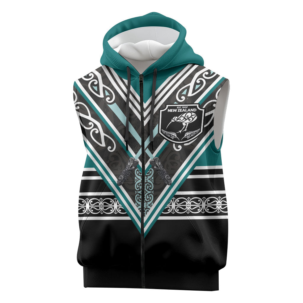 New Zealand Maori Rugby Custom Sleeveless Zip Hoodie Aotearoa Koru Geometric - Oceanic Color